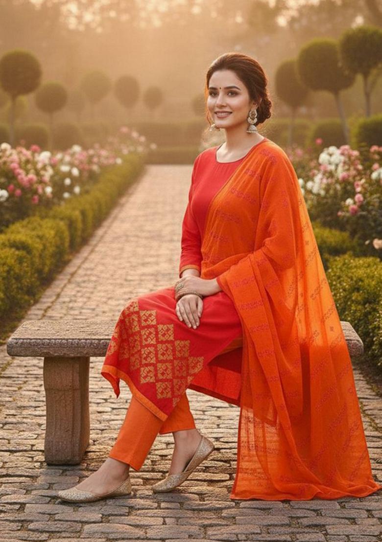 Red Embroidery Chanderi Kurta Set - Indya