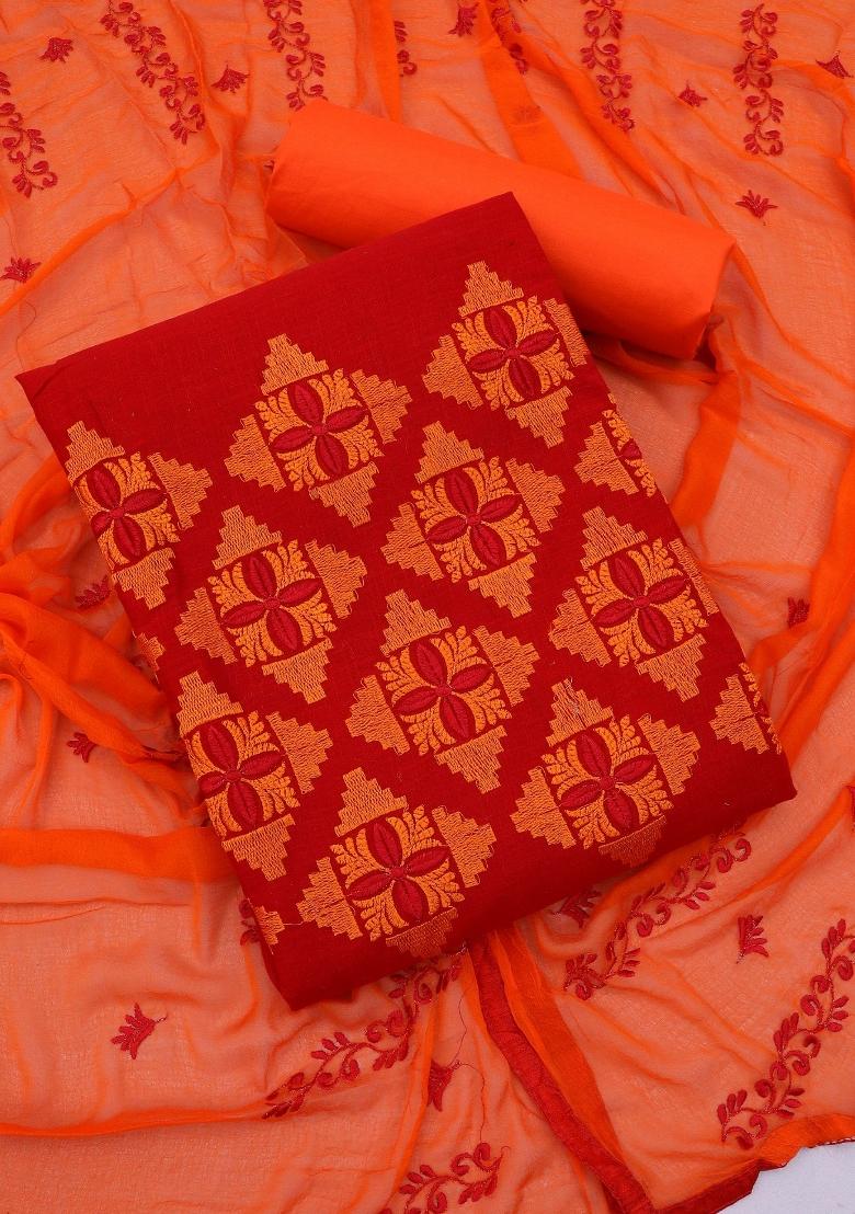 Red Embroidery Chanderi Kurta Set - Indya