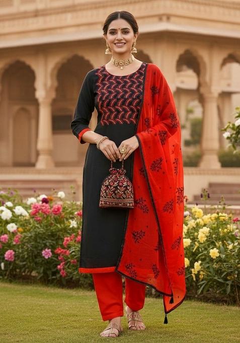 Black Embroidery Chanderi Kurta Set