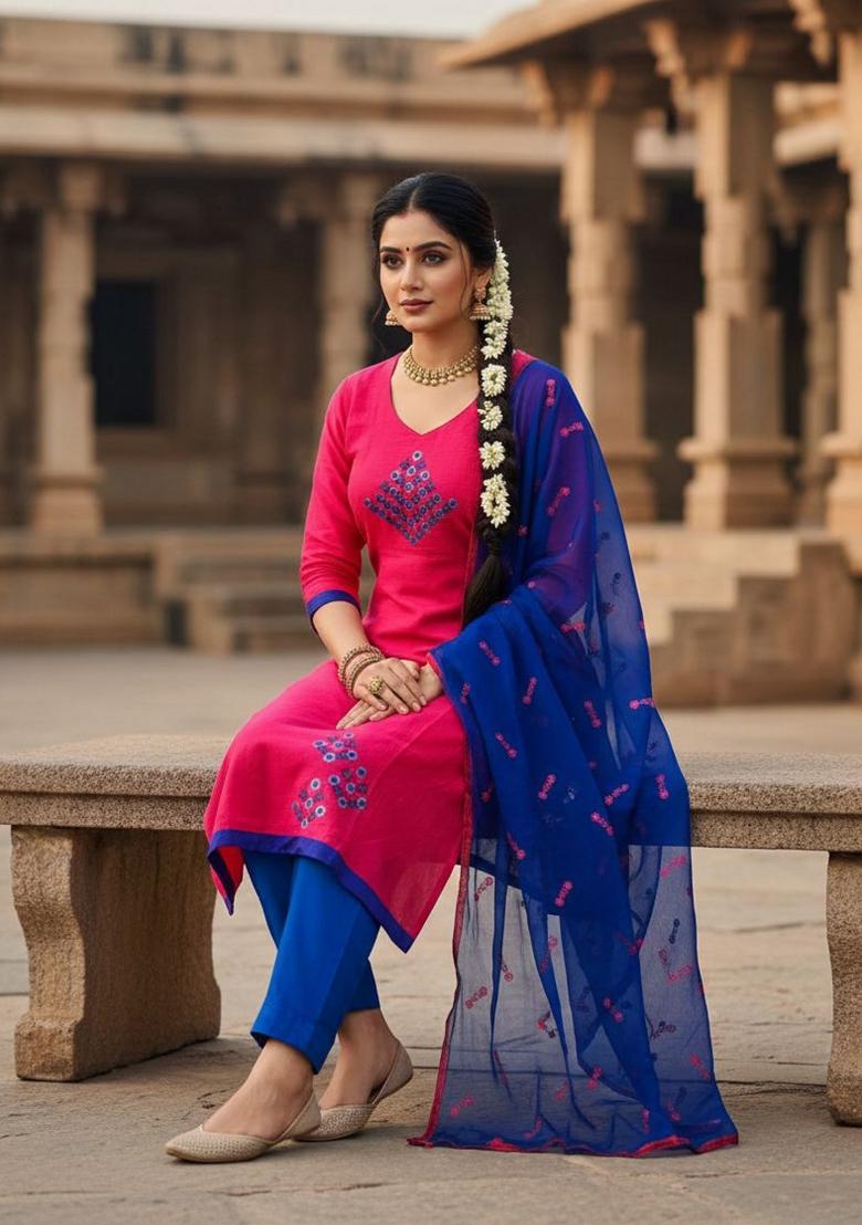 Pink Embroidery Chanderi Kurta Set - Indya