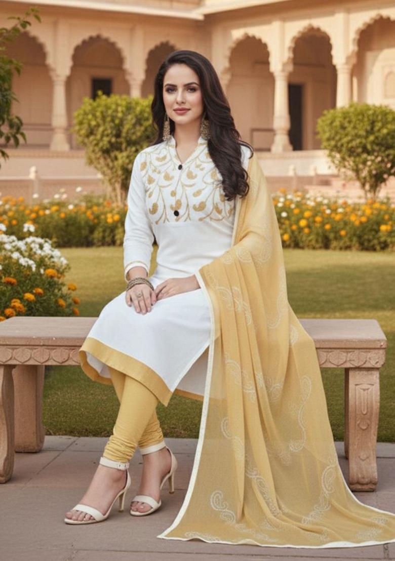 White Embroidery Chanderi Kurta Set - Indya