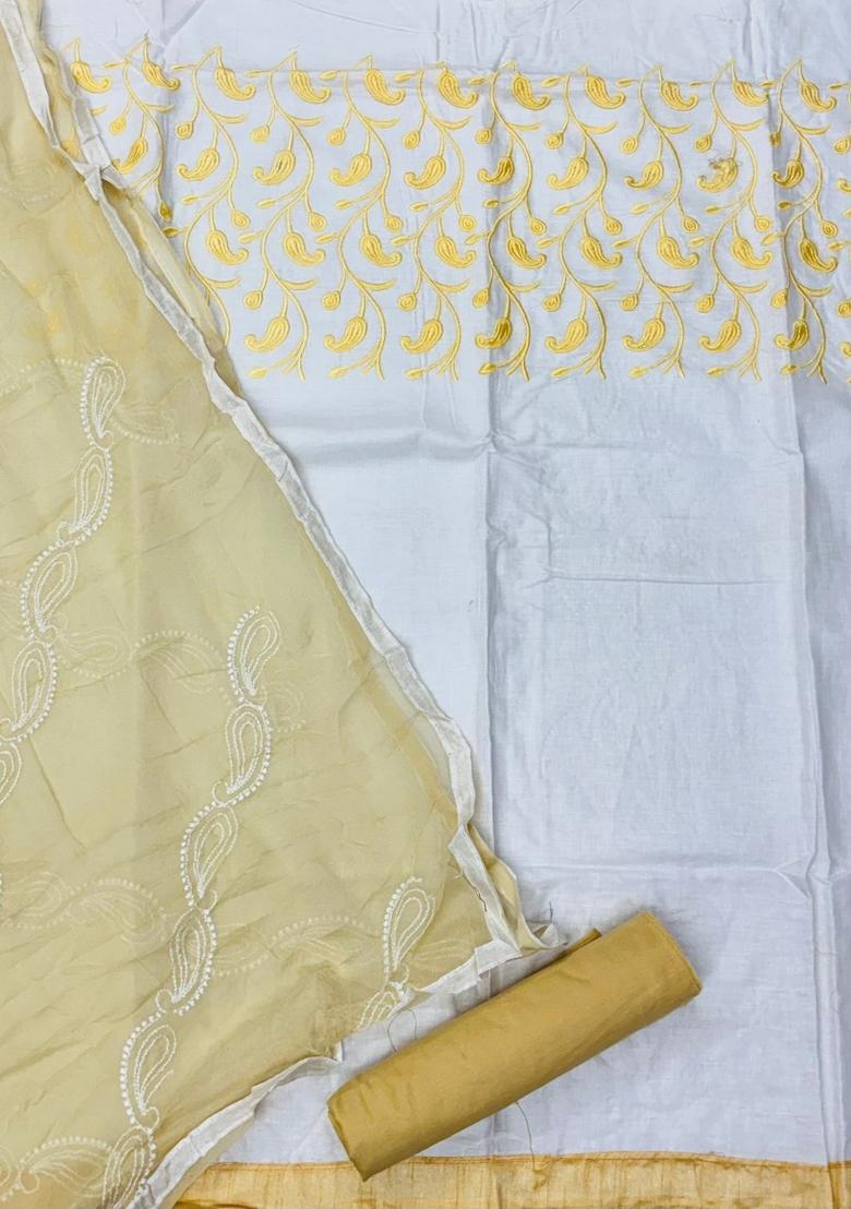 White Embroidery Chanderi Kurta Set - Indya