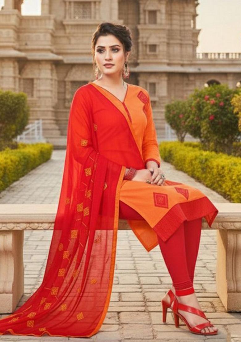 Orange Embroidery Chanderi Kurta Set - Indya