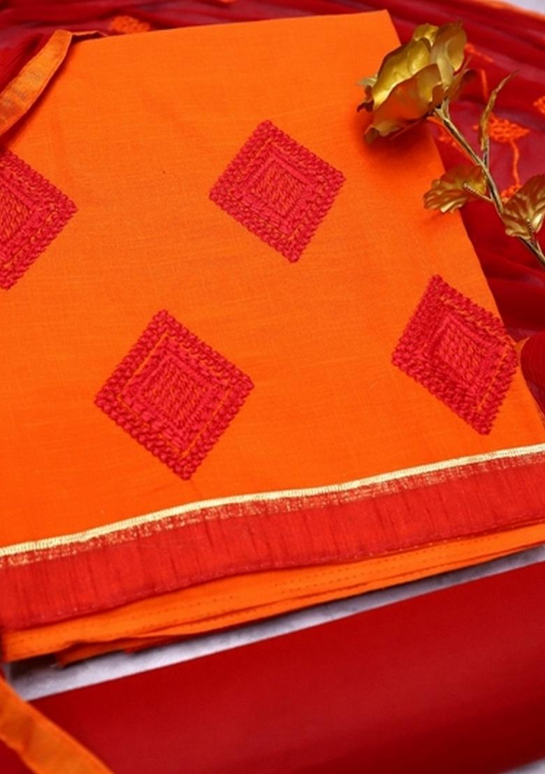 Orange Embroidery Chanderi Kurta Set - Indya