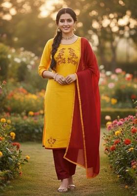 Yellow Embroidery Chanderi Kurta Set
