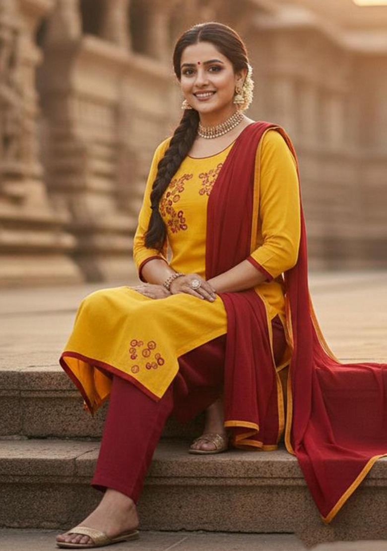Yellow Embroidery Chanderi Kurta Set - Indya