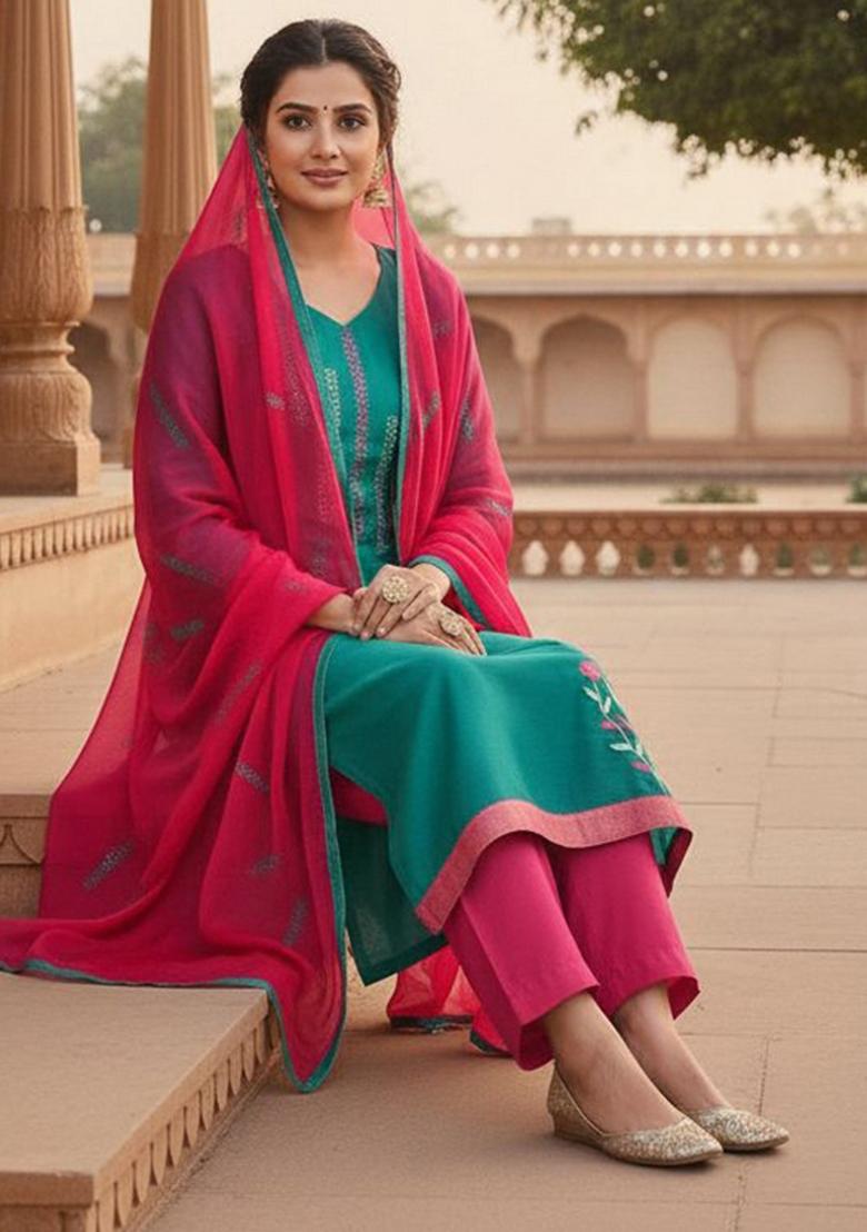 Blue Embroidery Chanderi Kurta Set - Indya