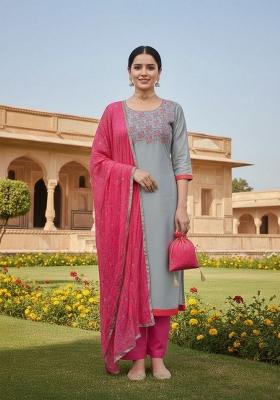 Grey Embroidery Chanderi Kurta Set