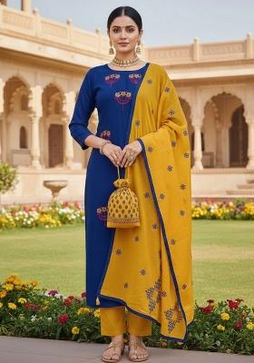 Blue Embroidery Chanderi Kurta Set