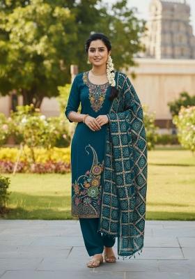 Teal Printed Silk Kurta Set