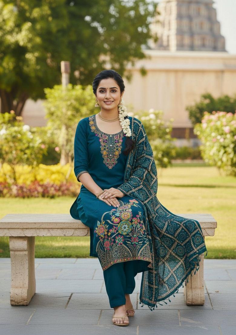 Teal Printed Silk Kurta Set - Indya
