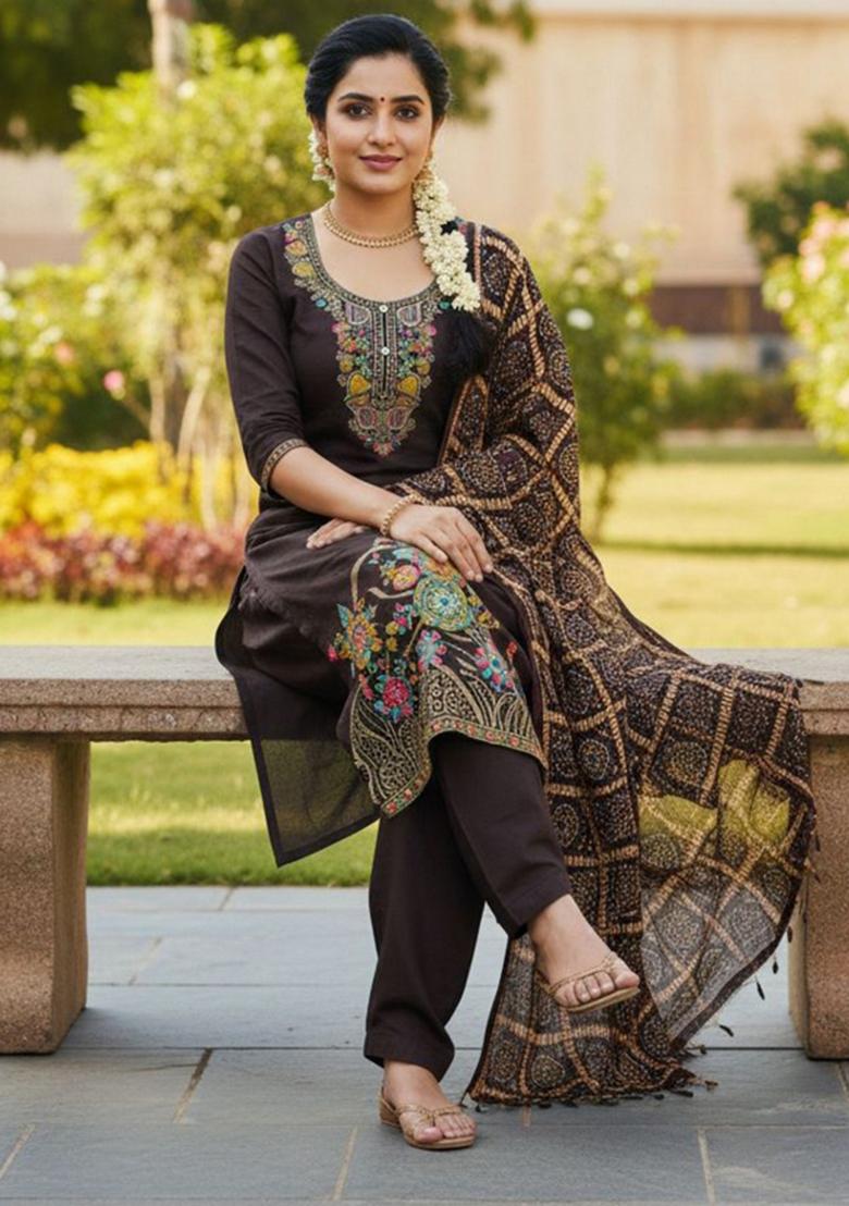 Coffee Printed Silk Kurta Set - Indya