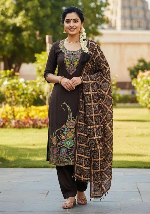 Coffee Printed Silk Kurta Set