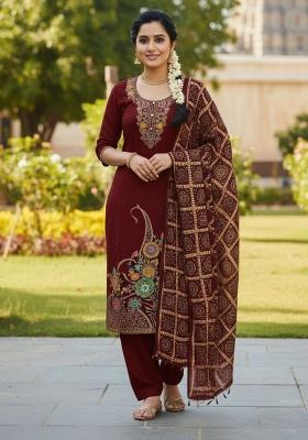 Maroon Printed Silk Kurta Set