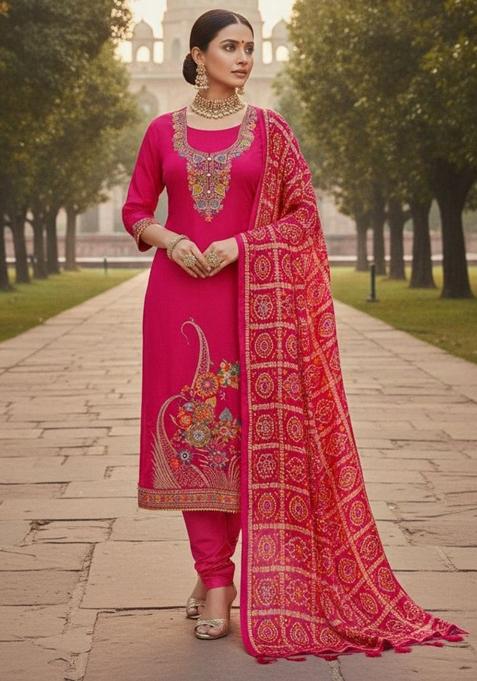 Pink Printed Silk Kurta Set