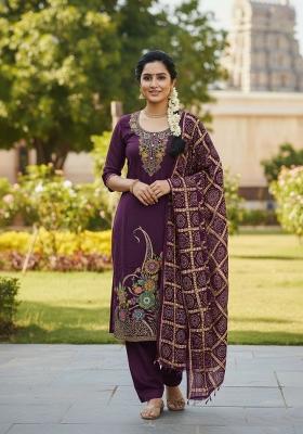 Wine Printed Silk Kurta Set