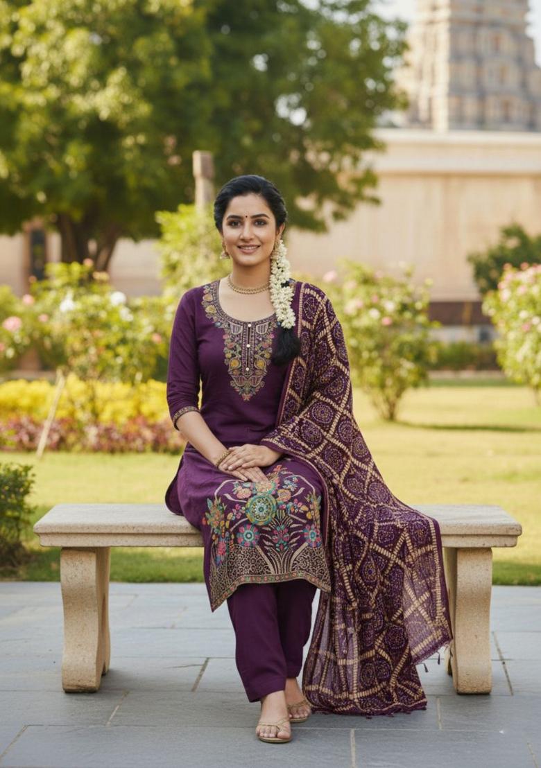 Wine Printed Silk Kurta Set - Indya