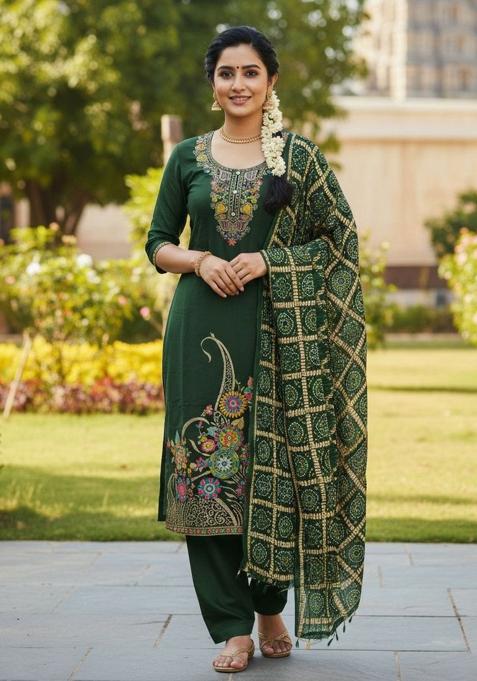 Green Printed Silk Kurta Set