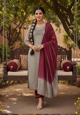 Mauve Embroidery Silk Kurta Set