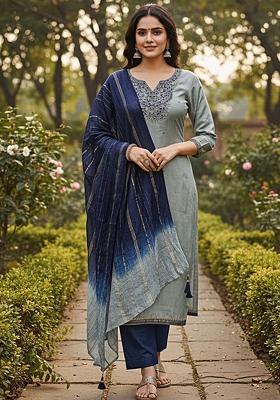 Grey Embroidery Silk Kurta Set