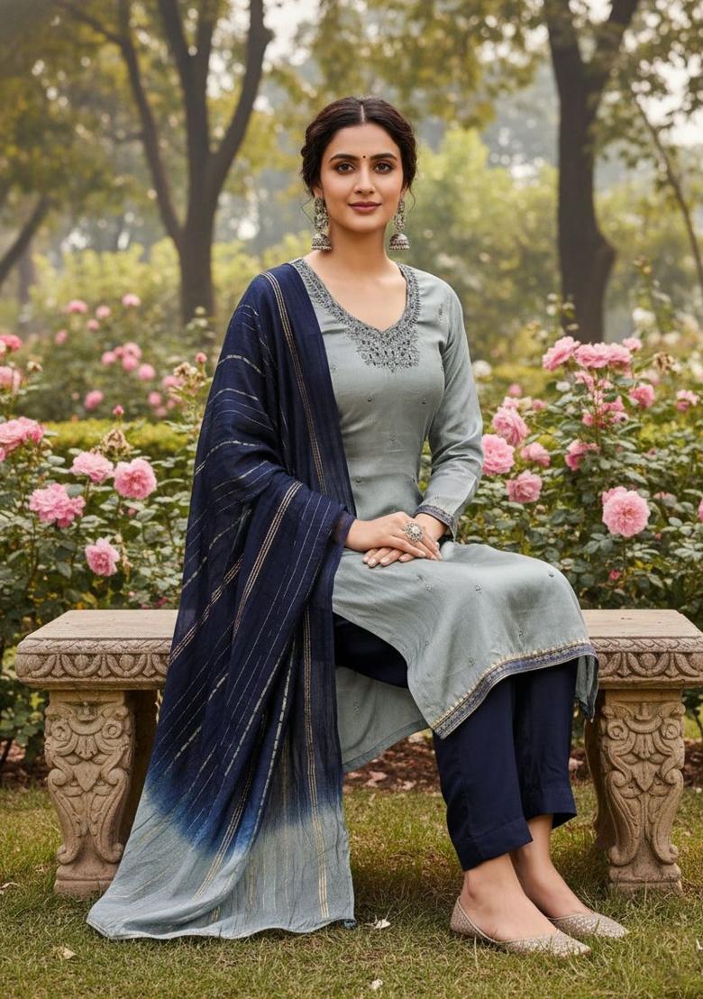 Grey Embroidery Silk Kurta Set - Indya
