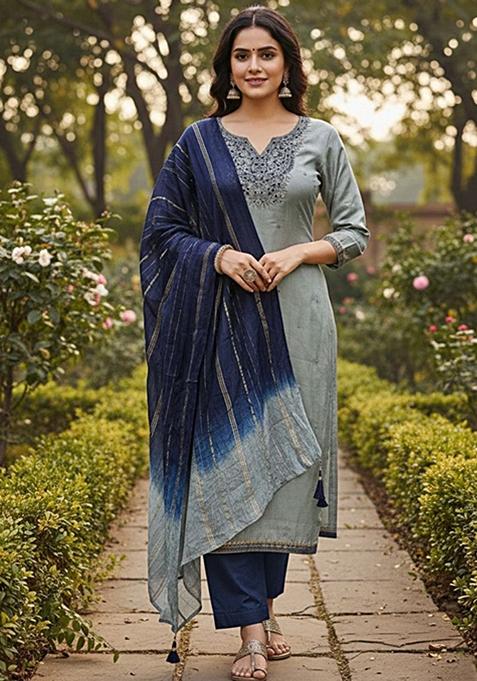 Grey Embroidery Silk Kurta Set