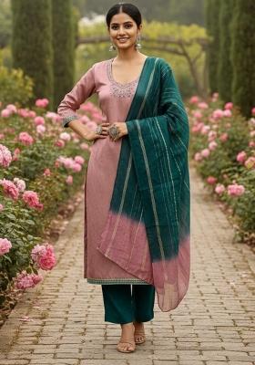 Peach Embroidery Silk Kurta Set