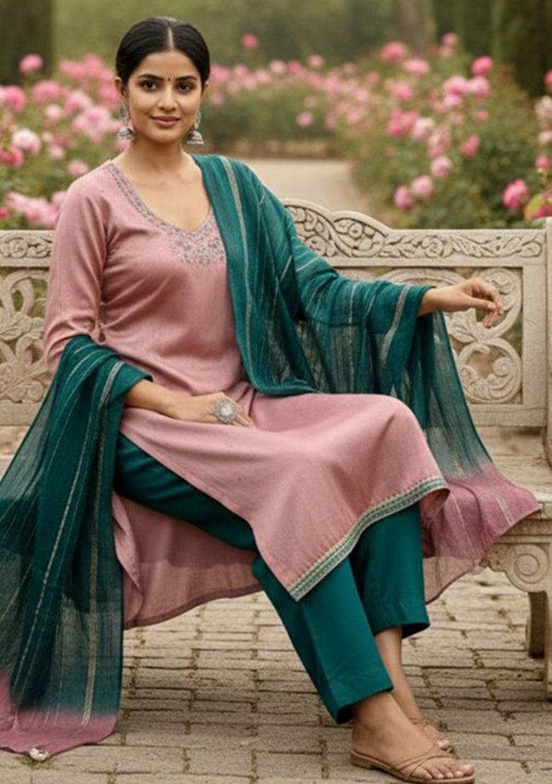 Peach Embroidery Silk Kurta Set - Indya