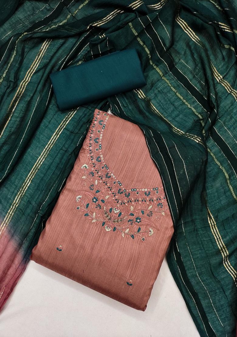 Peach Embroidery Silk Kurta Set - Indya