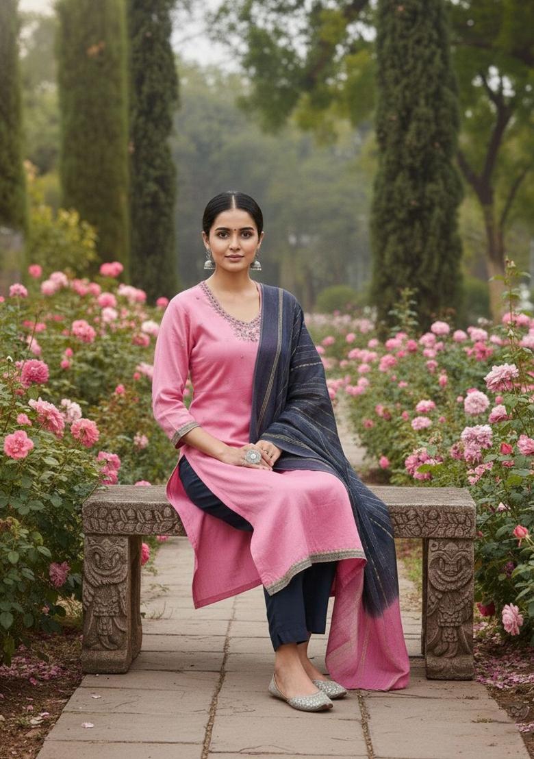 Pink Embroidery Silk Kurta Set - Indya