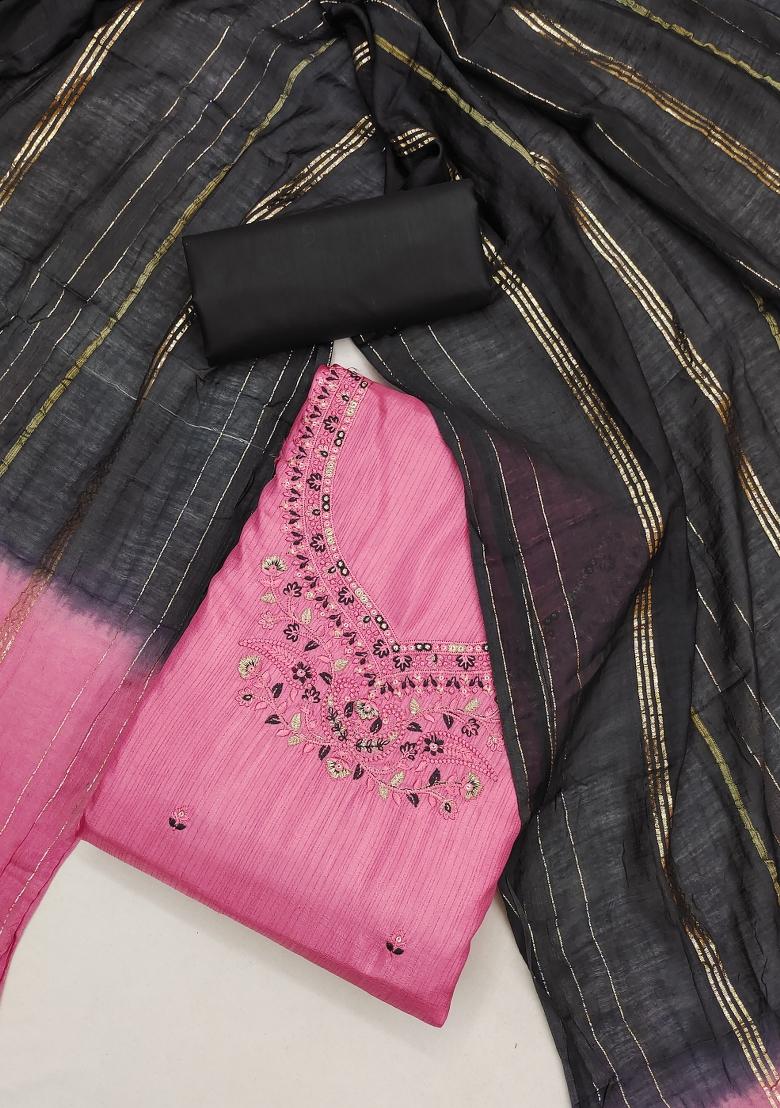 Pink Embroidery Silk Kurta Set - Indya