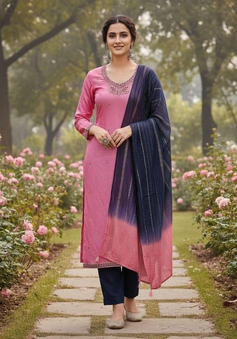 Pink Embroidery Silk Kurta Set