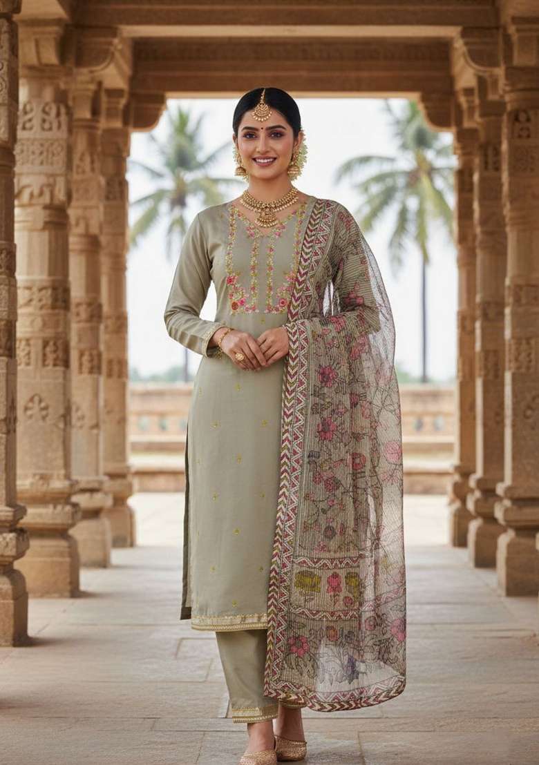 Grey Embroidery Silk Kurta Set - Indya