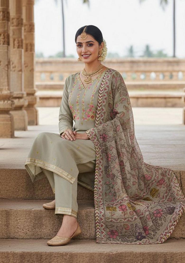 Grey Embroidery Silk Kurta Set - Indya
