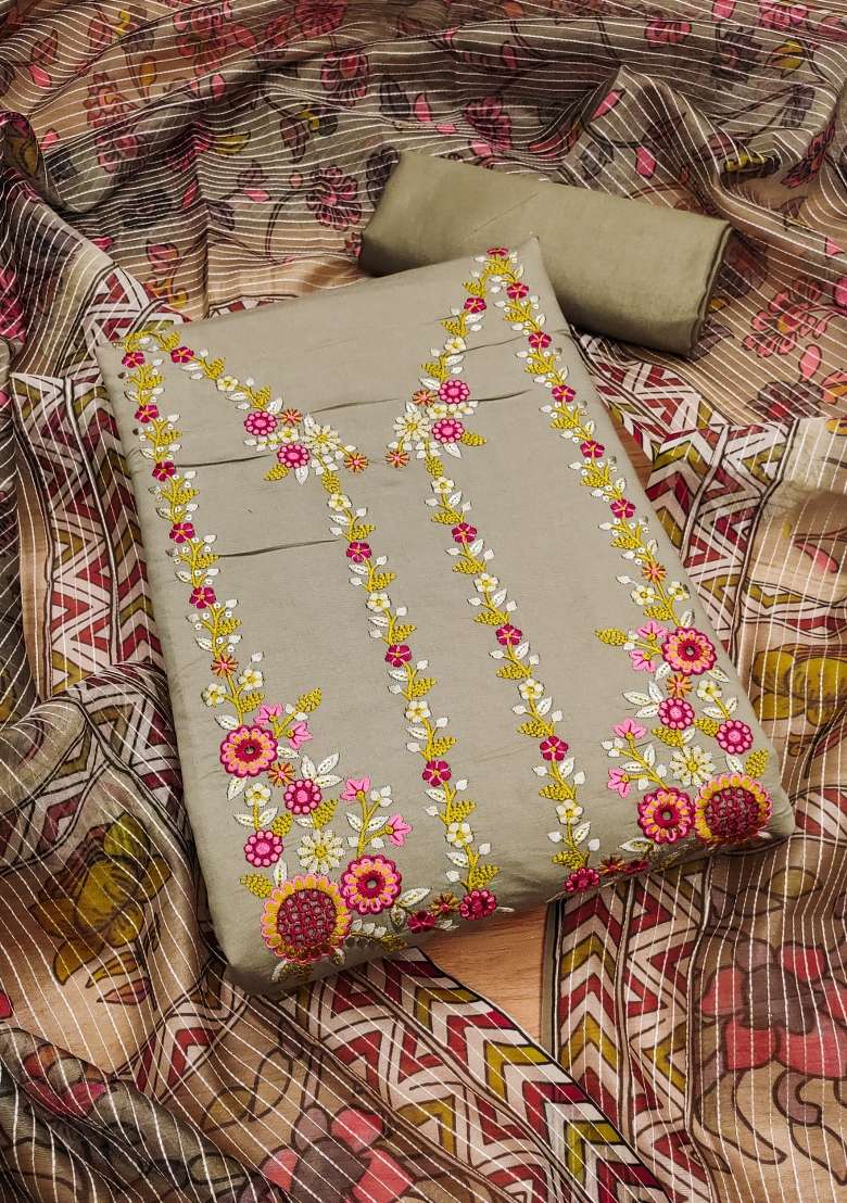 Grey Embroidery Silk Kurta Set - Indya
