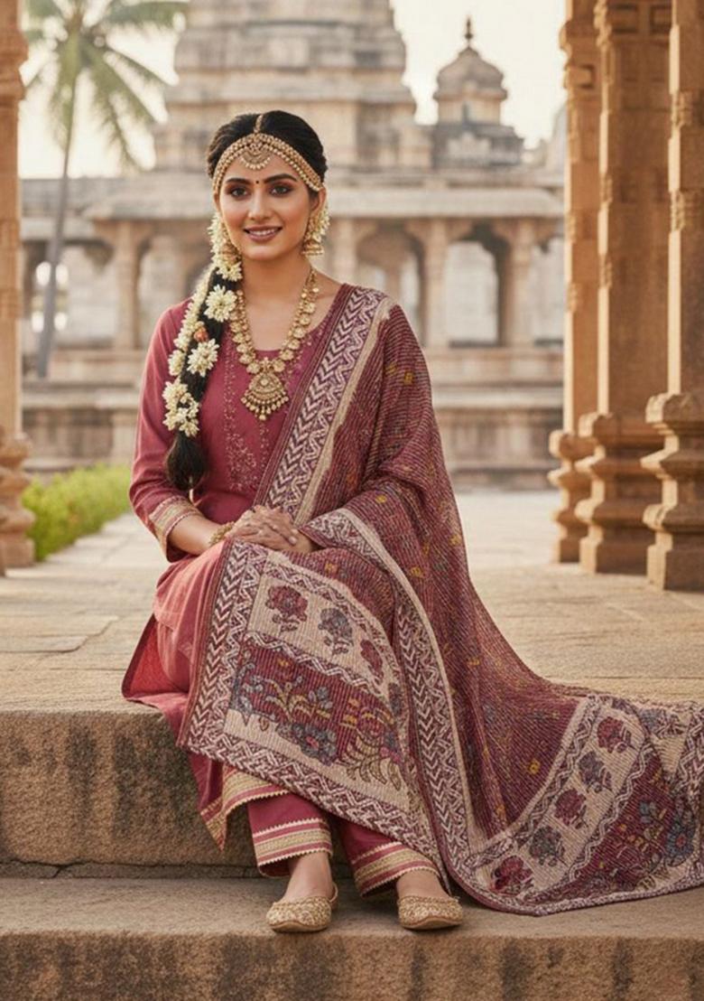 Pink Embroidery Silk Kurta Set - Indya