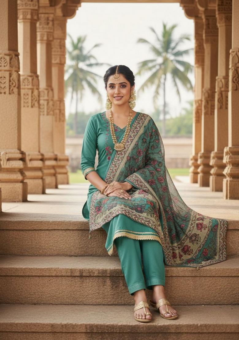 Blue Embroidery Silk Kurta Set - Indya