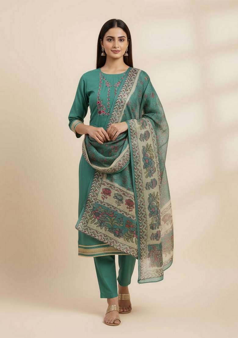 Blue Embroidery Silk Kurta Set - Indya
