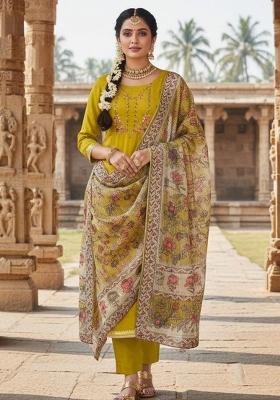 Yellow Embroidery Silk Kurta Set