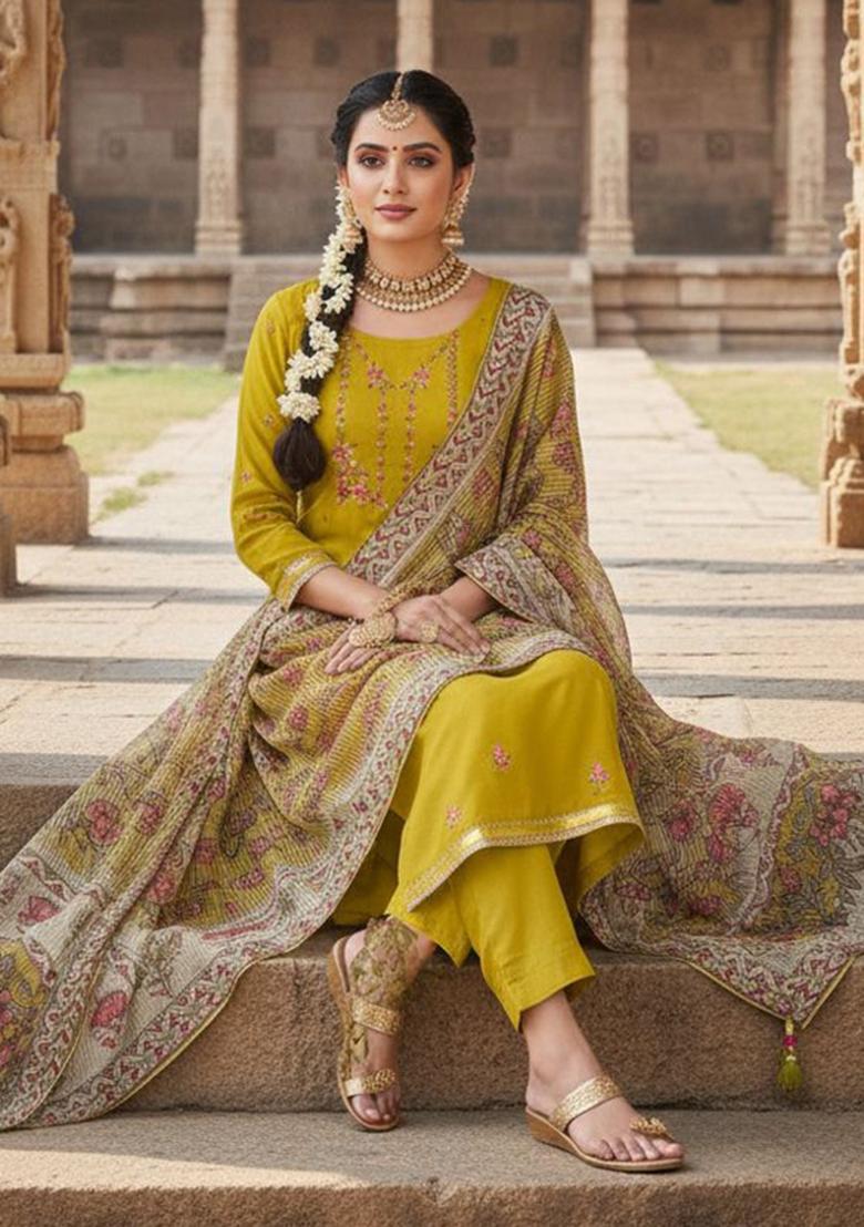 Yellow Embroidery Silk Kurta Set - Indya