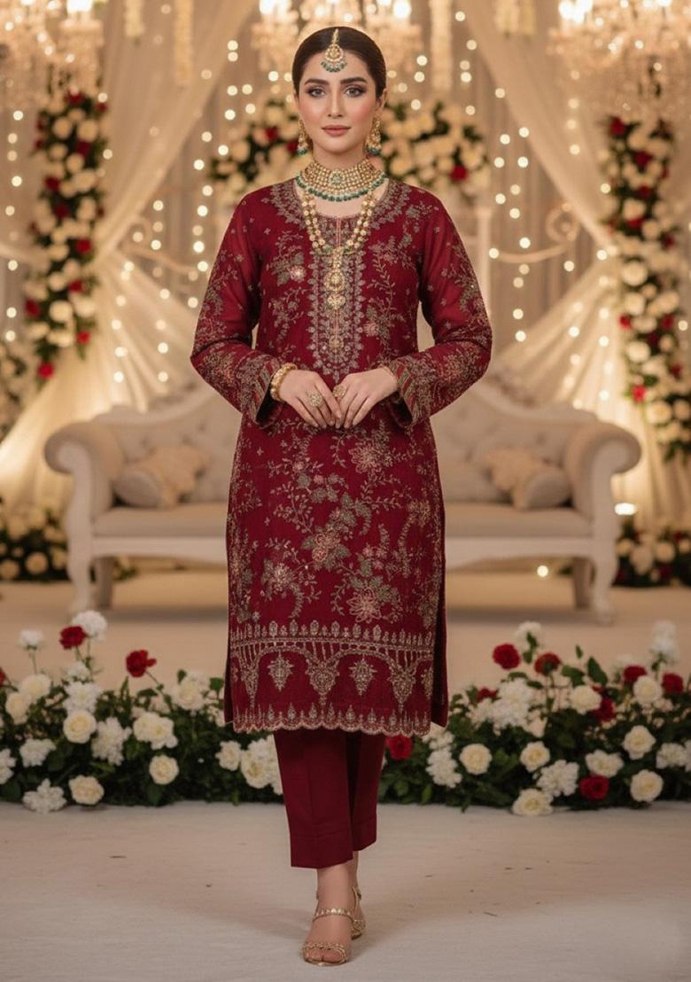 Maroon Embroidery Chiffon Salwar Suit Set - Indya