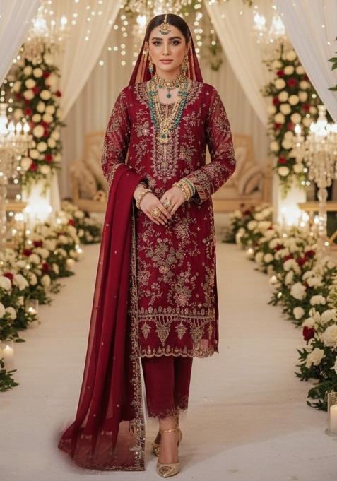 Maroon Embroidery Chiffon Salwar Suit Set
