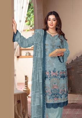 Blue Embroidery Chiffon Salwar Suit Set