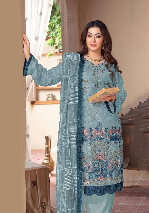 Blue Embroidery Chiffon Salwar Suit Set