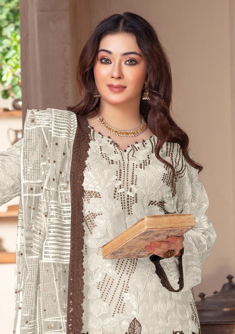White Embroidery Chiffon Salwar Suit Set - Indya