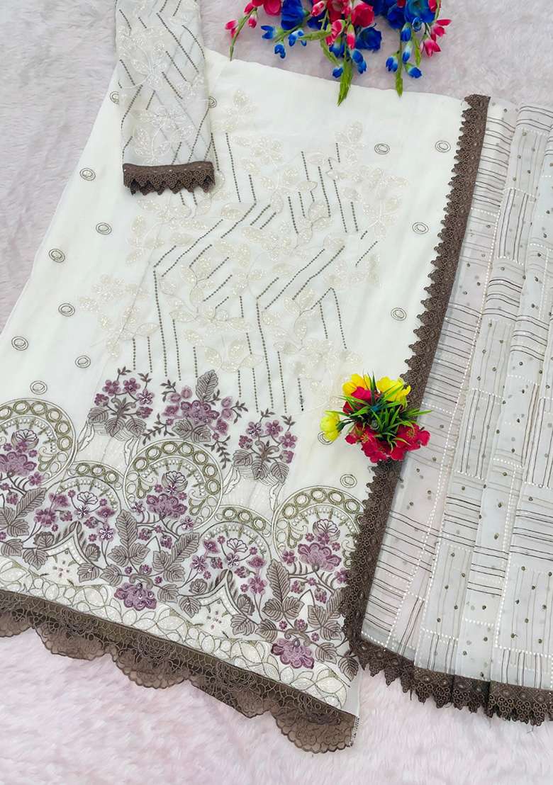 White Embroidery Chiffon Salwar Suit Set - Indya