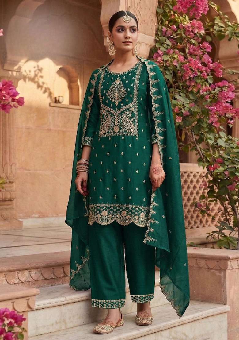 Dark Green Embroidery Silk Blend Salwar Suit Set - Indya