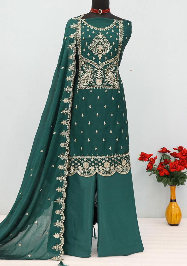 Dark Green Embroidery Silk Salwar Suit Set - Indya