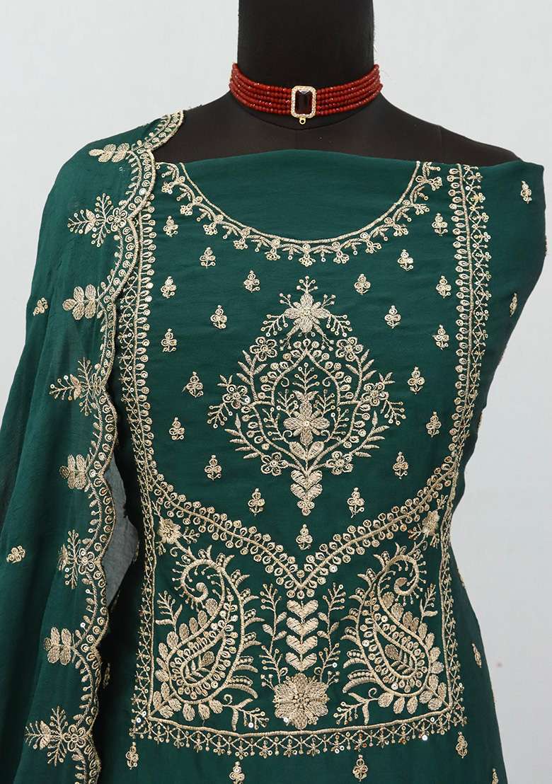 Dark Green Embroidery Silk Blend Salwar Suit Set - Indya