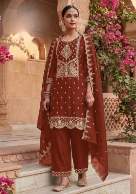 Orange Embroidery Silk Salwar Suit Set